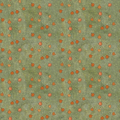 Fabric pattern Spooky Pumpkins (Gourd, Gray, Green): A scatter print of various sized pumpkins and gourds. from The Spooky fabric collection by Teresa Kogut for Riley Blake Designs  is a whimsical, folk-art-inspired Halloween line featuring ghosts, cats, pumpkins, and a haunted aesthetic in a palette of tombstone gray, rusty oak, green, black, and orange.