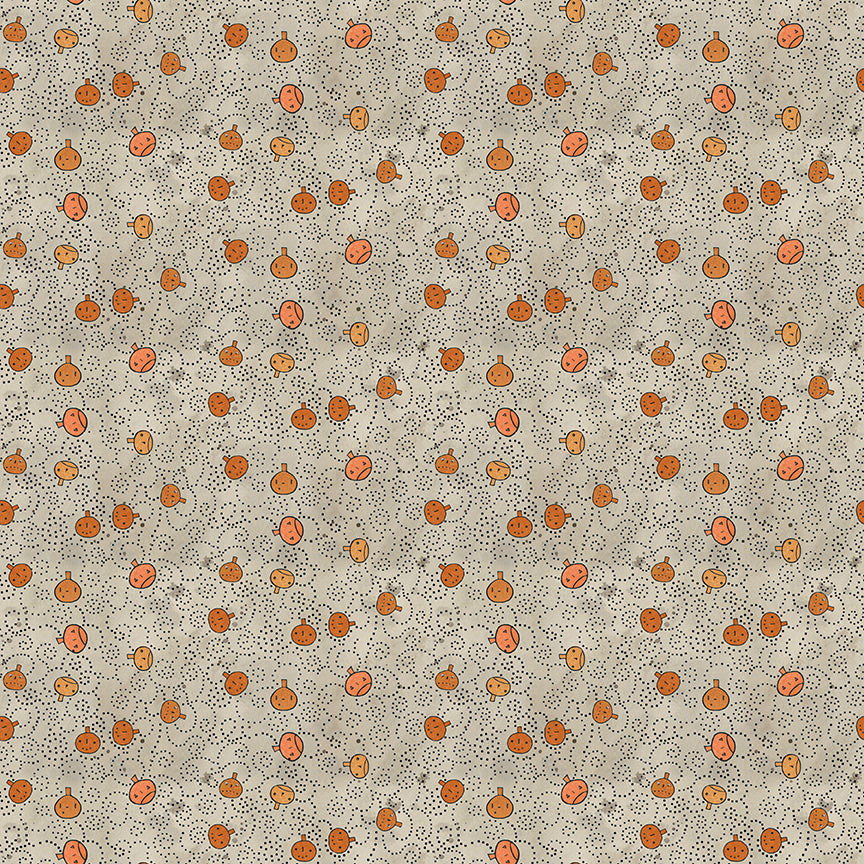 Fabric pattern Spooky Pumpkins (Gourd, Gray, Green): A scatter print of various sized pumpkins and gourds. from The Spooky fabric collection by Teresa Kogut for Riley Blake Designs  is a whimsical, folk-art-inspired Halloween line featuring ghosts, cats, pumpkins, and a haunted aesthetic in a palette of tombstone gray, rusty oak, green, black, and orange.