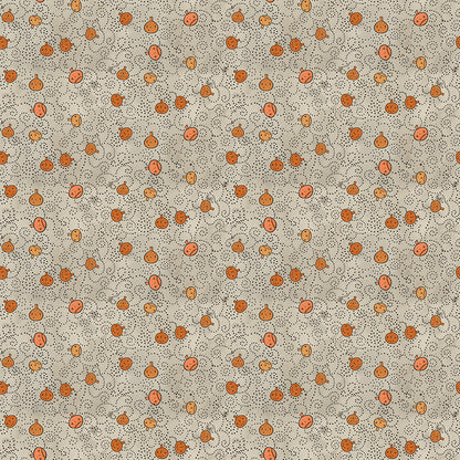 Fabric pattern Spooky Pumpkins (Gourd, Gray, Green): A scatter print of various sized pumpkins and gourds. from The Spooky fabric collection by Teresa Kogut for Riley Blake Designs  is a whimsical, folk-art-inspired Halloween line featuring ghosts, cats, pumpkins, and a haunted aesthetic in a palette of tombstone gray, rusty oak, green, black, and orange.