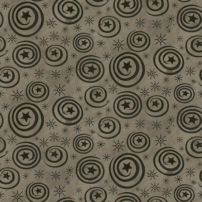 Fabric pattern Spooky Stars and Swirls (Black, Rusty Oak, Tombstone): A textured, conversational print featuring tiny stars and hand-drawn swirls from The Spooky fabric collection by Teresa Kogut for Riley Blake Designs  is a whimsical, folk-art-inspired Halloween line featuring ghosts, cats, pumpkins, and a haunted aesthetic in a palette of tombstone gray, rusty oak, green, black, and orange.