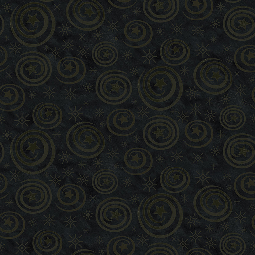 Fabric pattern Spooky Stars and Swirls (Black, Rusty Oak, Tombstone): A textured, conversational print featuring tiny stars and hand-drawn swirls from The Spooky fabric collection by Teresa Kogut for Riley Blake Designs  is a whimsical, folk-art-inspired Halloween line featuring ghosts, cats, pumpkins, and a haunted aesthetic in a palette of tombstone gray, rusty oak, green, black, and orange.