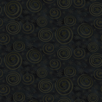 Fabric pattern Spooky Stars and Swirls (Black, Rusty Oak, Tombstone): A textured, conversational print featuring tiny stars and hand-drawn swirls from The Spooky fabric collection by Teresa Kogut for Riley Blake Designs  is a whimsical, folk-art-inspired Halloween line featuring ghosts, cats, pumpkins, and a haunted aesthetic in a palette of tombstone gray, rusty oak, green, black, and orange.