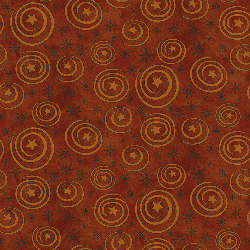 Fabric pattern Spooky Stars and Swirls (Black, Rusty Oak, Tombstone): A textured, conversational print featuring tiny stars and hand-drawn swirls from The Spooky fabric collection by Teresa Kogut for Riley Blake Designs  is a whimsical, folk-art-inspired Halloween line featuring ghosts, cats, pumpkins, and a haunted aesthetic in a palette of tombstone gray, rusty oak, green, black, and orange.