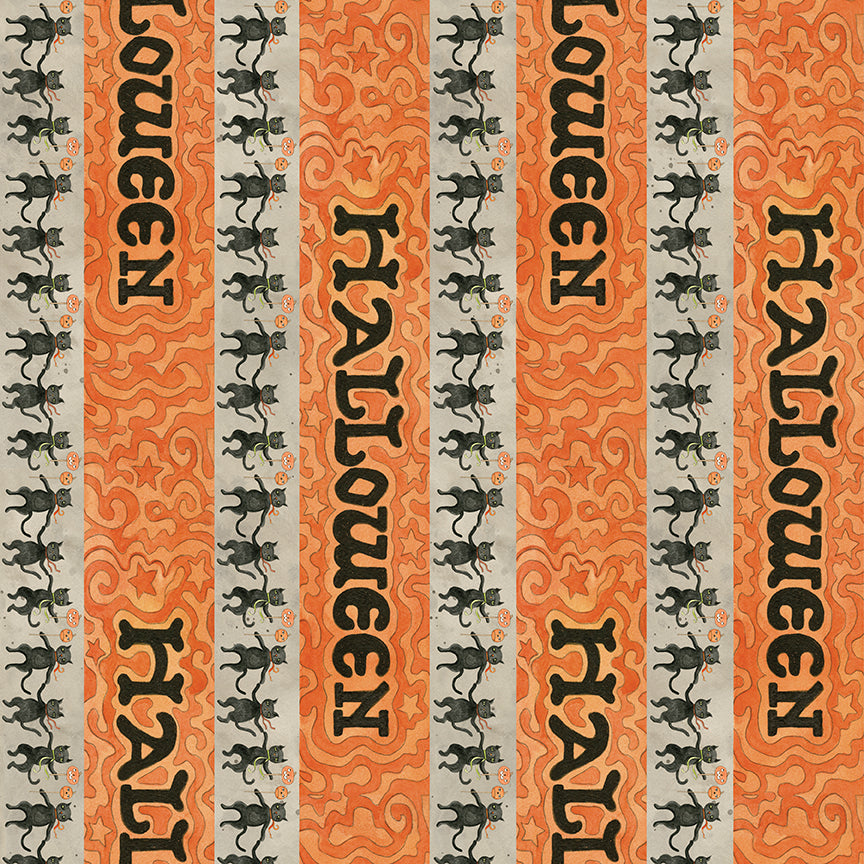 Fabric pattern Spooky Halloween Stripe (Gray, Green, Pumpkin): A directional stripe featuring Halloween themes and colors from The Spooky fabric collection by Teresa Kogut for Riley Blake Designs  is a whimsical, folk-art-inspired Halloween line featuring ghosts, cats, pumpkins, and a haunted aesthetic in a palette of tombstone gray, rusty oak, green, black, and orange.