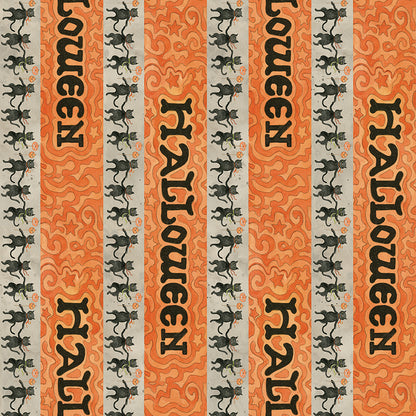 Fabric pattern Spooky Halloween Stripe (Gray, Green, Pumpkin): A directional stripe featuring Halloween themes and colors from The Spooky fabric collection by Teresa Kogut for Riley Blake Designs  is a whimsical, folk-art-inspired Halloween line featuring ghosts, cats, pumpkins, and a haunted aesthetic in a palette of tombstone gray, rusty oak, green, black, and orange.