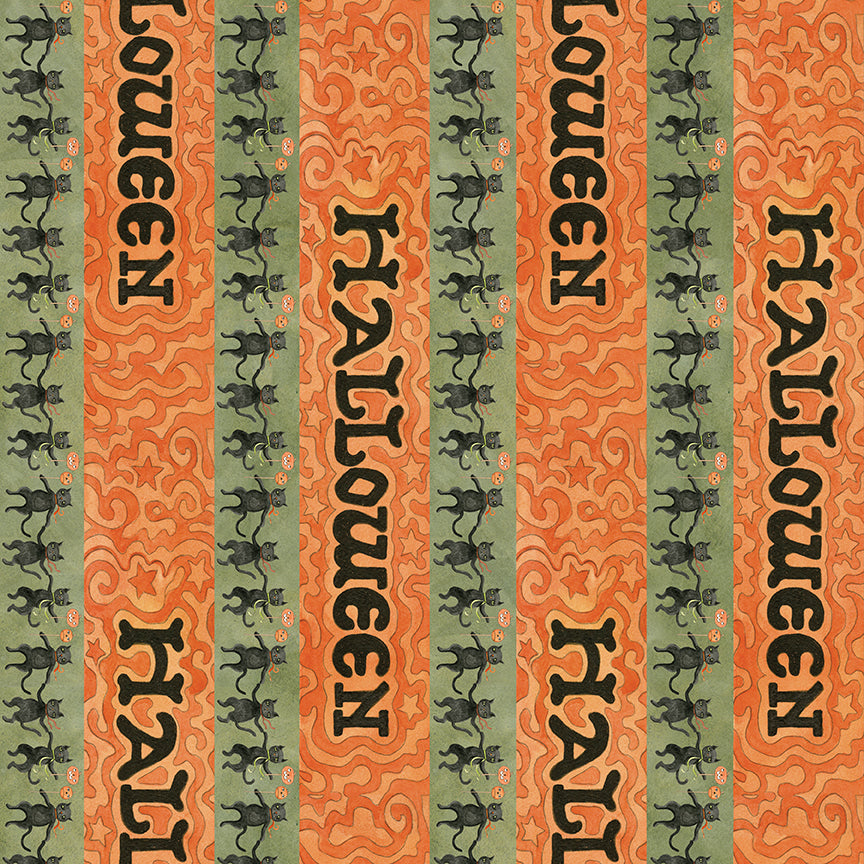 Fabric pattern Spooky Halloween Stripe (Gray, Green, Pumpkin): A directional stripe featuring Halloween themes and colors from The Spooky fabric collection by Teresa Kogut for Riley Blake Designs  is a whimsical, folk-art-inspired Halloween line featuring ghosts, cats, pumpkins, and a haunted aesthetic in a palette of tombstone gray, rusty oak, green, black, and orange.