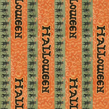 Fabric pattern Spooky Halloween Stripe (Gray, Green, Pumpkin): A directional stripe featuring Halloween themes and colors from The Spooky fabric collection by Teresa Kogut for Riley Blake Designs  is a whimsical, folk-art-inspired Halloween line featuring ghosts, cats, pumpkins, and a haunted aesthetic in a palette of tombstone gray, rusty oak, green, black, and orange.