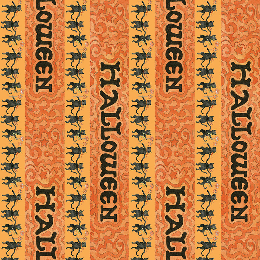 Fabric pattern Spooky Halloween Stripe (Gray, Green, Pumpkin): A directional stripe featuring Halloween themes and colors from The Spooky fabric collection by Teresa Kogut for Riley Blake Designs  is a whimsical, folk-art-inspired Halloween line featuring ghosts, cats, pumpkins, and a haunted aesthetic in a palette of tombstone gray, rusty oak, green, black, and orange.