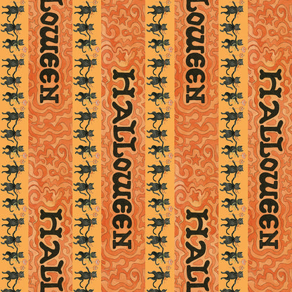 Fabric pattern Spooky Halloween Stripe (Gray, Green, Pumpkin): A directional stripe featuring Halloween themes and colors from The Spooky fabric collection by Teresa Kogut for Riley Blake Designs  is a whimsical, folk-art-inspired Halloween line featuring ghosts, cats, pumpkins, and a haunted aesthetic in a palette of tombstone gray, rusty oak, green, black, and orange.
