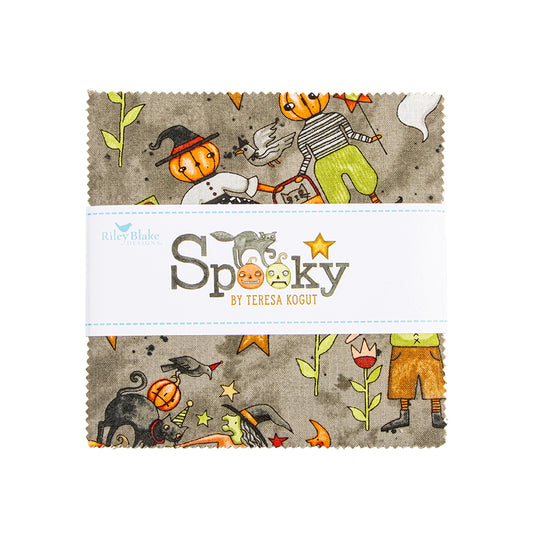 5" charm pack from the  Spooky fabric collection by Teresa Kogut for Riley Blake Designs is a whimsical, folk-art-inspired Halloween line featuring ghosts, cats, pumpkins, and a haunted aesthetic in a palette of tombstone gray, rusty oak, green, black, and orange.