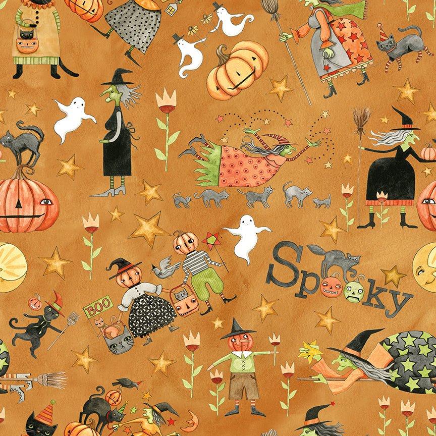 Fabric pattern Spooky Main Print Gourd: Features scenes of pumpkins, dark trees, and spooky scenery from The Spooky fabric collection by Teresa Kogut for Riley Blake Designs  is a whimsical, folk-art-inspired Halloween line featuring ghosts, cats, pumpkins, and a haunted aesthetic in a palette of tombstone gray, rusty oak, green, black, and orange.
