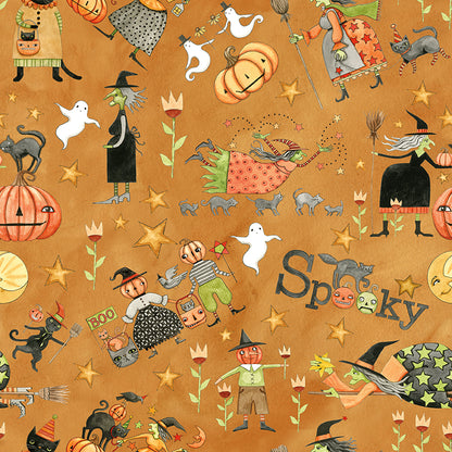 Fabric pattern Spooky Main Print Gourd: Features scenes of pumpkins, dark trees, and spooky scenery from The Spooky fabric collection by Teresa Kogut for Riley Blake Designs  is a whimsical, folk-art-inspired Halloween line featuring ghosts, cats, pumpkins, and a haunted aesthetic in a palette of tombstone gray, rusty oak, green, black, and orange.