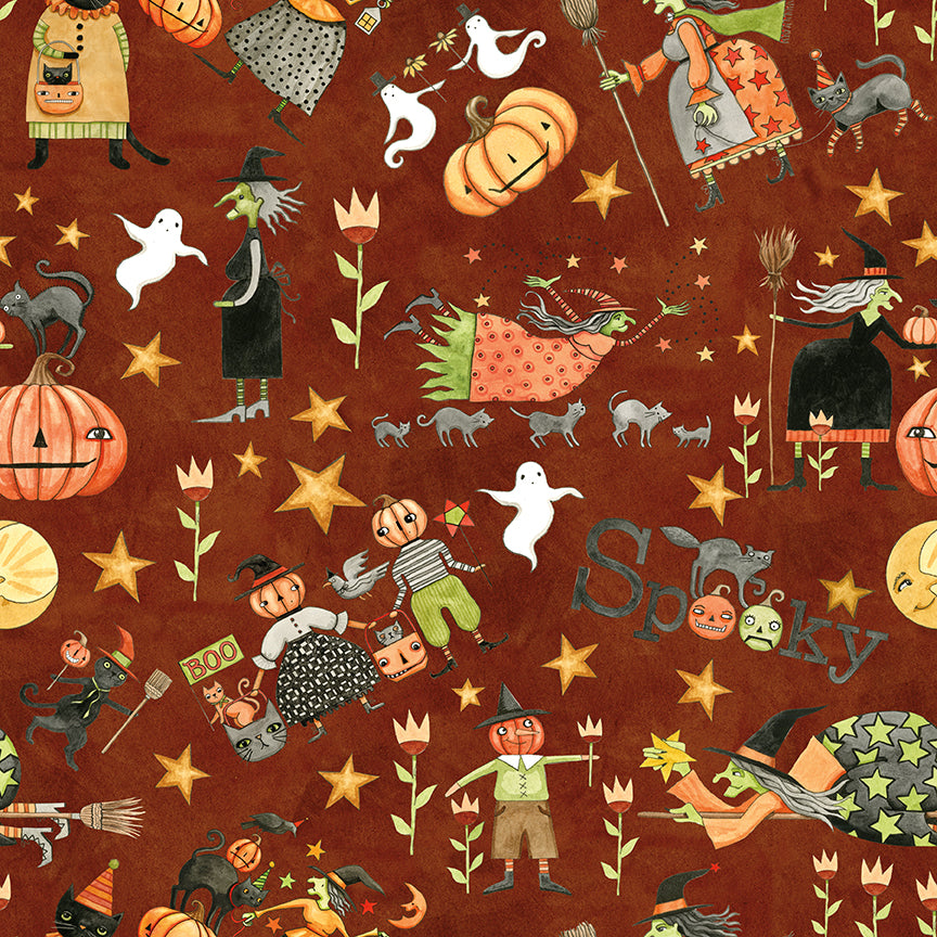 Fabric pattern Spooky Main Print Rusty: Features scenes of pumpkins, dark trees, and spooky scenery from The Spooky fabric collection by Teresa Kogut for Riley Blake Designs  is a whimsical, folk-art-inspired Halloween line featuring ghosts, cats, pumpkins, and a haunted aesthetic in a palette of tombstone gray, rusty oak, green, black, and orange.