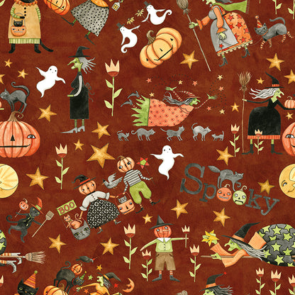 Fabric pattern Spooky Main Print Rusty: Features scenes of pumpkins, dark trees, and spooky scenery from The Spooky fabric collection by Teresa Kogut for Riley Blake Designs  is a whimsical, folk-art-inspired Halloween line featuring ghosts, cats, pumpkins, and a haunted aesthetic in a palette of tombstone gray, rusty oak, green, black, and orange.