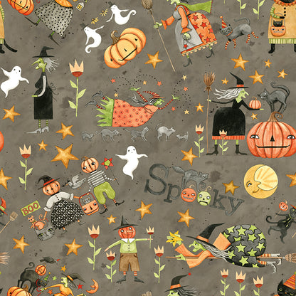 Fabric pattern Spooky Main Print Tombstone: Features scenes of pumpkins, dark trees, and spooky scenery from The Spooky fabric collection by Teresa Kogut for Riley Blake Designs  is a whimsical, folk-art-inspired Halloween line featuring ghosts, cats, pumpkins, and a haunted aesthetic in a palette of tombstone gray, rusty oak, green, black, and orange.