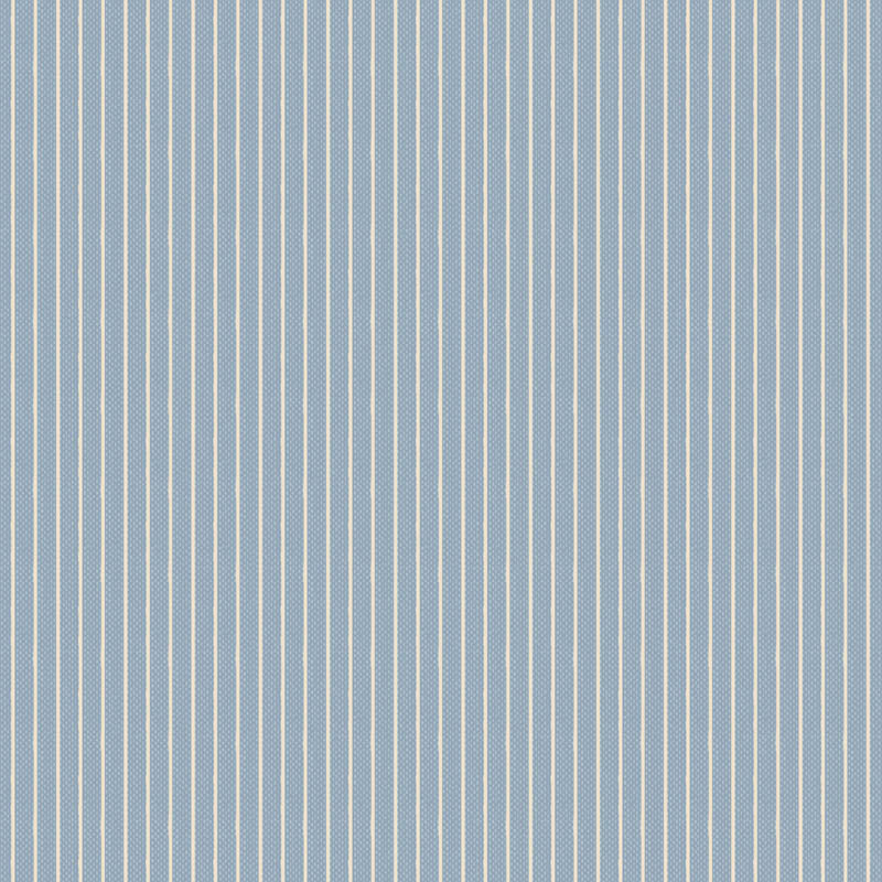 Pattern Stripe Blue (160068/1.5.9): A classic, thin vertical striped pattern in blue from The Tilda "Creating Memories" Summer & Ocean Blues collection is designed by Tone Finnanger, featuring a curated selection of 16 fabrics (a mix of prints and wovens) inspired by the sea and summer days. The collection emphasizes blues, white, and hints of ginger/saffron, characterized by small-scale designs like ditsy flowers, stripes, and dots.