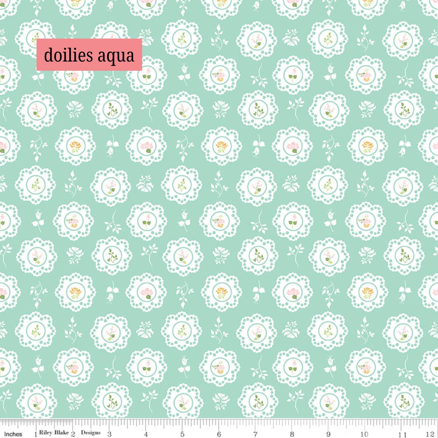 Pattern of doilies on a teal background with 'doilies aqua' text.