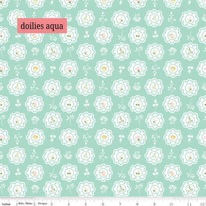 Pattern of doilies on a teal background with 'doilies aqua' text.