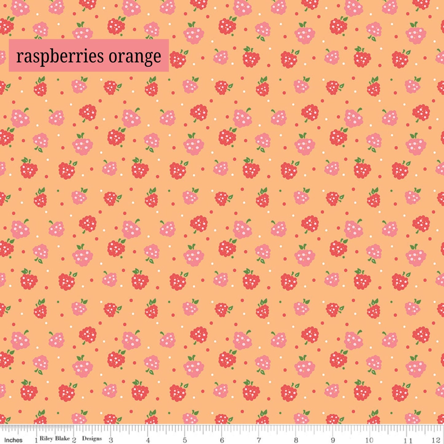 Pattern of pink raspberries on an orange background with a ruler at the bottom.