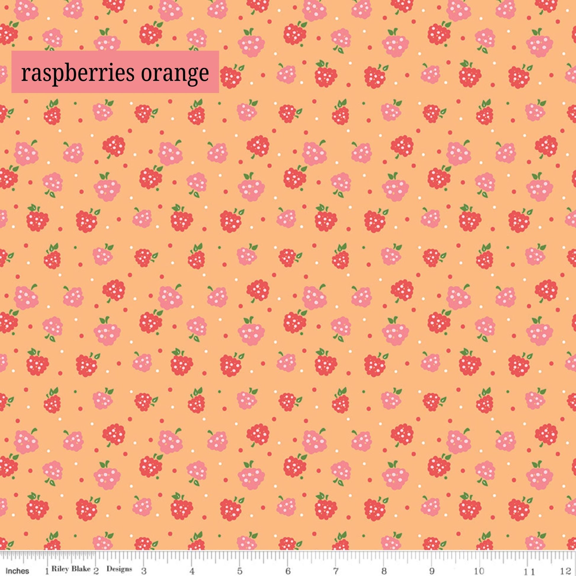 Pattern of pink raspberries on an orange background with a ruler at the bottom.