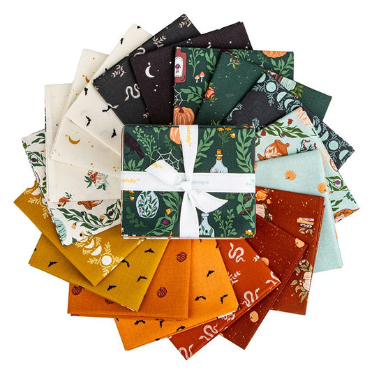 The Apothecary fabric collection, designed by Amber Elliot of Alderwood Studio for Riley Blake Designs, is a whimsical, "witchy" fall collection inspired by vintage apothecary shops. The collection features a moody, seasonal palette including deep teal, mint, rust, gold, cream, and midnight, with patterns focusing on botanical, celestial, and autumn themes