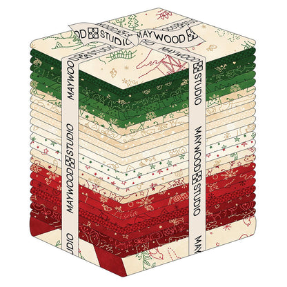 The Christmastime fabric collection by Robin Kingsley for Maywood Studio captures the charm of a country Christmas. The line features nostalgic redwork and greenwork motifs in a classic color palette of mottled cream, red, and green.