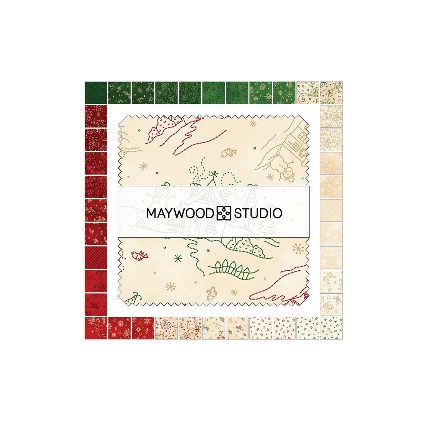 The Christmastime fabric collection by Robin Kingsley for Maywood Studio captures the charm of a country Christmas. The line features nostalgic redwork and greenwork motifs in a classic color palette of mottled cream, red, and green.