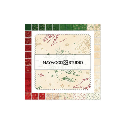 The Christmastime fabric collection by Robin Kingsley for Maywood Studio captures the charm of a country Christmas. The line features nostalgic redwork and greenwork motifs in a classic color palette of mottled cream, red, and green.
