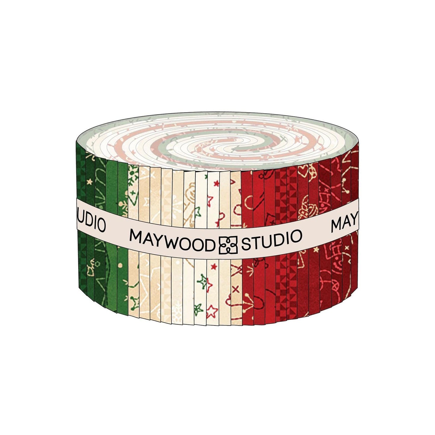 The Christmastime fabric collection by Robin Kingsley for Maywood Studio captures the charm of a country Christmas. The line features nostalgic redwork and greenwork motifs in a classic color palette of mottled cream, red, and green. - 2 1/2" precut Strips / Jellyroll include 40 pieces, patterns repeated.