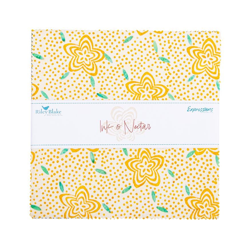 The Expressions Batiks - Ink & Nectar collection by Riley Blake Designs features authentic hand-dyed fabrics with double tjap designs. Known for their sophisticated texture, these cotton and rayon prints incorporate small pops of color over diverse background shades. These patterns frequently combine overlapping organic motifs like florals, leaves, and abstract line work onto these base colors.