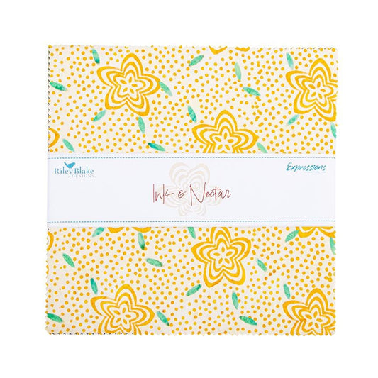 The Expressions Batiks - Ink & Nectar collection by Riley Blake Designs features authentic hand-dyed fabrics with double tjap designs. Known for their sophisticated texture, these cotton and rayon prints incorporate small pops of color over diverse background shades. These patterns frequently combine overlapping organic motifs like florals, leaves, and abstract line work onto these base colors.