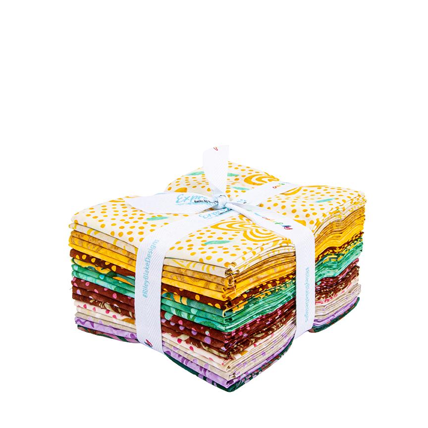 The Expressions Batiks - Ink & Nectar collection by Riley Blake Designs features authentic hand-dyed fabrics with double tjap designs. Known for their sophisticated texture, these cotton and rayon prints incorporate small pops of color over diverse background shades. These patterns frequently combine overlapping organic motifs like florals, leaves, and abstract line work onto these base colors.
- Fat quarter bundle includes 17 pieces.