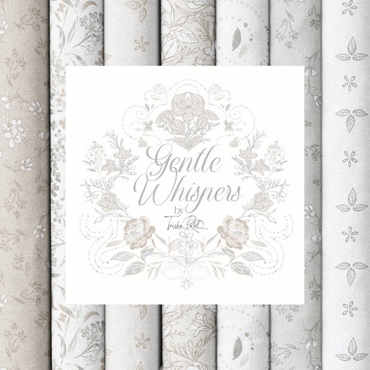 Fat quarter bundle includes all patterns in The Gentle Whispers fabric collection by Trisha Patel for Cloud9 Fabrics is a 12-piece, 100% GOTS-certified organic cotton line inspired by the quiet strength of nature, specifically Alyssum, Cherry Blossom, Camellia, and Magnolia. The collection features a muted, neutral palette of soft stone, warm taupe, misty greys, and cream.
