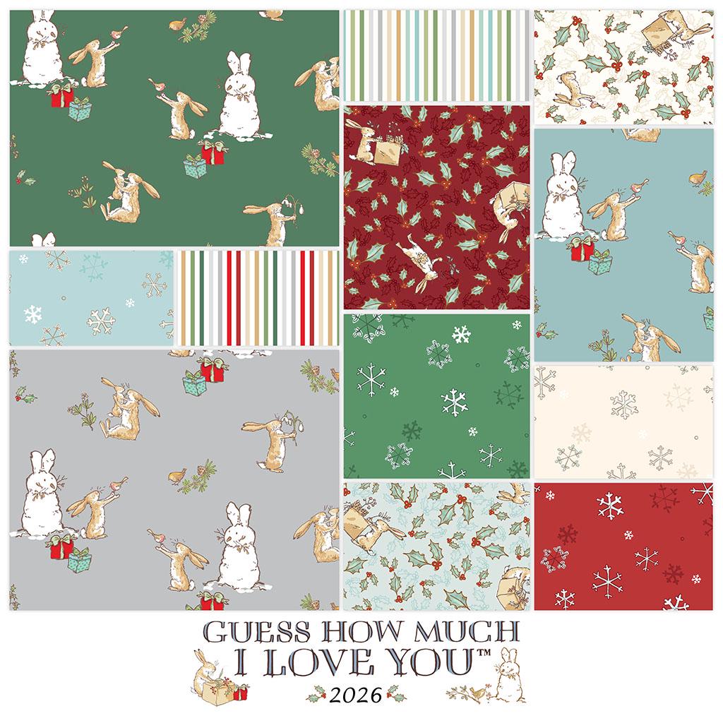 The Guess How Much I Love You 2026 fabric collection by Anita Jeram for Clothworks Fabrics features a cozy, Christmas-themed holiday twist. It centers around Big Nutbrown Hare and Little Nutbrown Hare. The collection includes holiday motifs like bunny-snowmen, mistletoe, holly, and winter scenes.