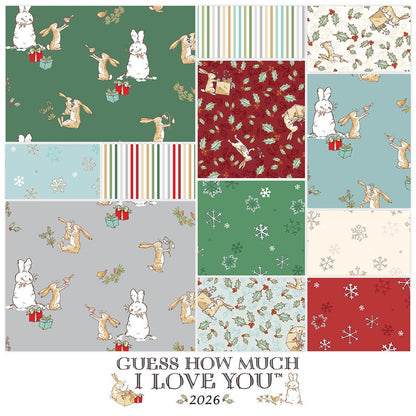 The Guess How Much I Love You 2026 fabric collection by Anita Jeram for Clothworks Fabrics features a cozy, Christmas-themed holiday twist. It centers around Big Nutbrown Hare and Little Nutbrown Hare. The collection includes holiday motifs like bunny-snowmen, mistletoe, holly, and winter scenes.