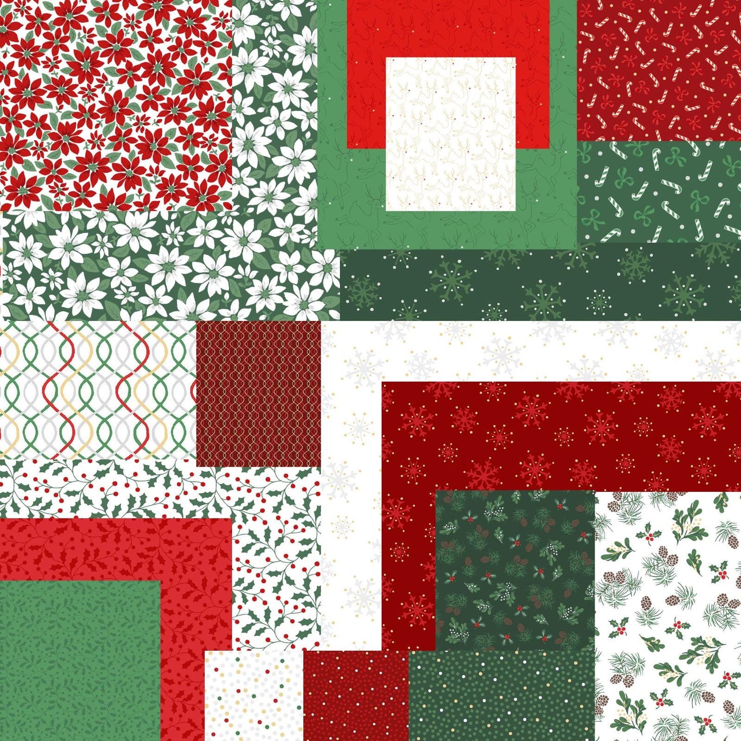 The Merry Mix collection by Maywood Studio, 100% cotton, features a classic Christmas color palette of snow white, berry red, and holly green. It is characterized by nostalgic holiday motifs, prancing reindeer, and florals, all elevated with shimmering metallic gold and silver accent