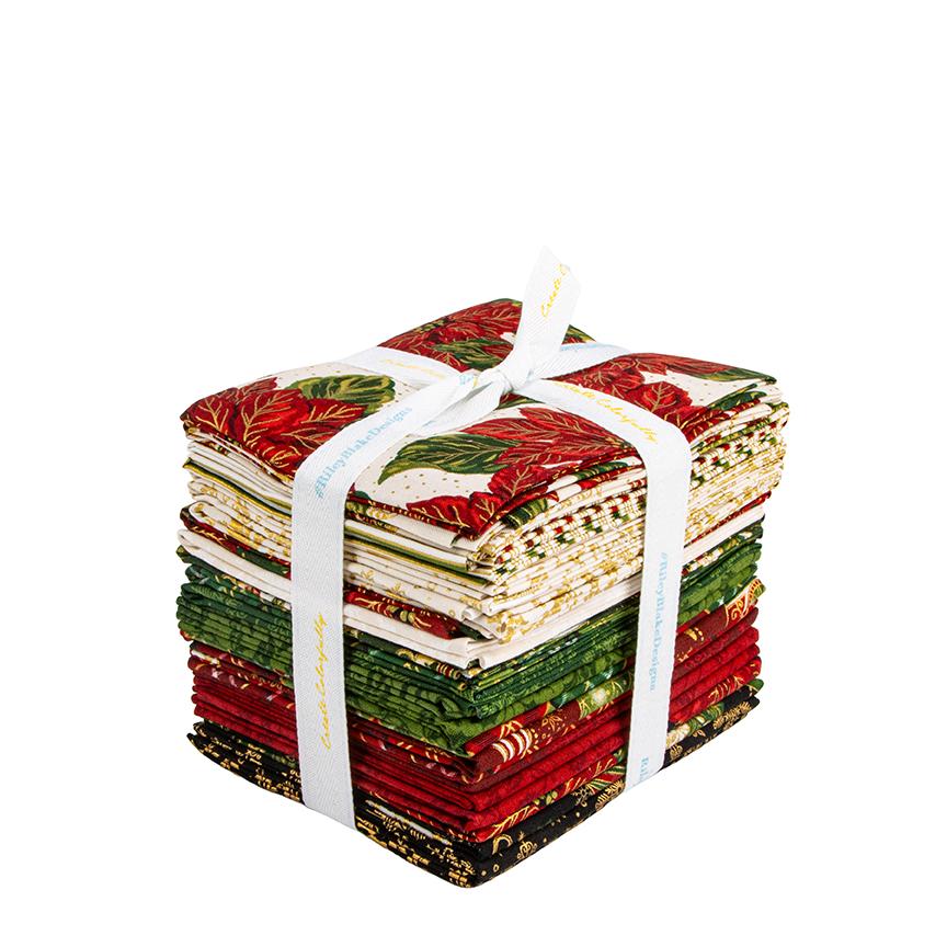 The Poinsettias at Christmas collection, designed by Jennifer Bosworth for Riley Blake Designs, is a gorgeous holiday fabric line. It blends traditional Christmas motifs with elegant, shimmering gold metallic foil accents. The 100% cotton fabrics are perfect for heirloom-style holiday quilts, tree skirts, stockings, table runners and so much more.