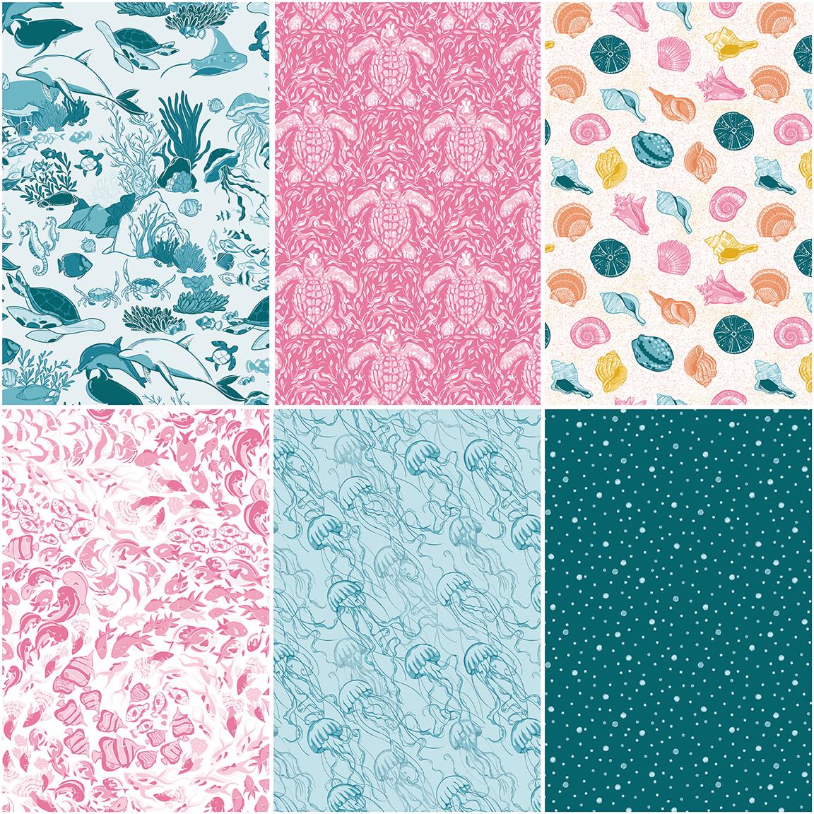 The Reef fabric collection by Corinne Wells for Riley Blake Designs features a vibrant, ocean-inspired theme perfect for quilting, apparel, and home decor. It showcases playful marine life in a coastal palette of breezy blues, deep teals, soft pinks, and powder hues.