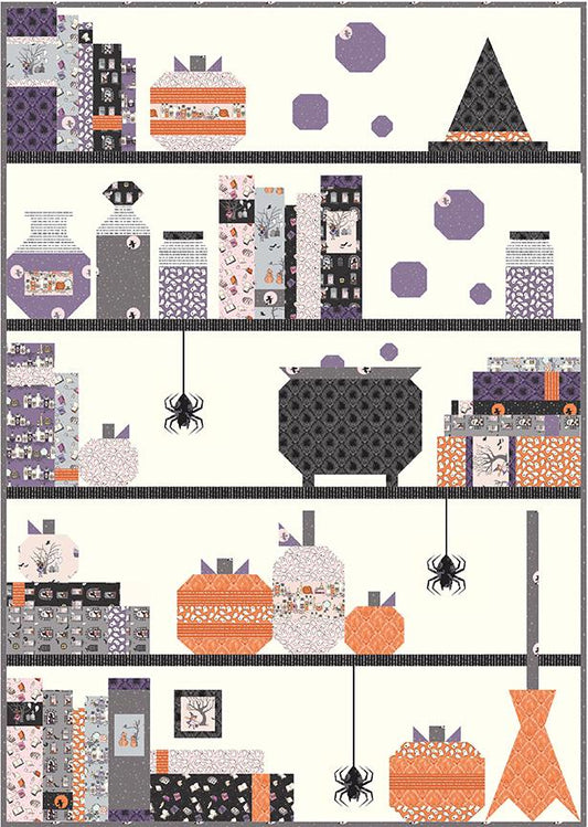 The Spooky Shelfie Quilt by Melissa Mortenson of Polka Dot Chair features rows of pieced Halloween icons, including potion books and bottles, witches hat and broom, pumpkins, and spiders.
Fat Quarter friendly
Finished size is 48" x 68".