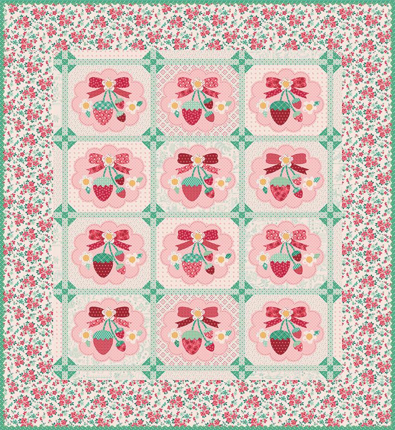 The Strawberry Crush Sew Along Quilt Kit includes the Strawberry Crush Sew Simple Shapes™ and fabric for quilt top and binding. Backing not included. Fabric featured is Berry & Sage by Lori Holt of Bee in my Bonnet. Pattern is also by Lori Holt. Finished size is 66 1/2" x 73 1/2". 
Kit comes in a strawberry-shaped box. Box size is approximately 13 1/2" x 11 3/4" x 3 1/4". 

The Sew Along Guide is included in the  kit but you can also go to Lori Holt's blog A Bee in my Bonnet.