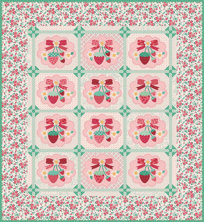 The Strawberry Crush Sew Along Quilt Kit includes the Strawberry Crush Sew Simple Shapes™ and fabric for quilt top and binding. Backing not included. Fabric featured is Berry & Sage by Lori Holt of Bee in my Bonnet. Pattern is also by Lori Holt. Finished size is 66 1/2" x 73 1/2". 
Kit comes in a strawberry-shaped box. Box size is approximately 13 1/2" x 11 3/4" x 3 1/4". 

The Sew Along Guide is included in the  kit but you can also go to Lori Holt's blog A Bee in my Bonnet.