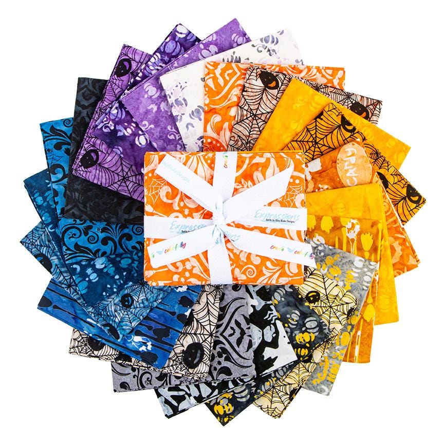 The Whispering Hollows collection features fun Halloween images, with colors invoking midnight skies, as well as favorite seasonal hues. The Batiks Collections by Riley Blake are produced in state-of-the-art facilities with the best Tjap designers and makers, color experts, and stamp prodigies. Due to the hand-crafted nature of batiks, fabric may vary from image.
This Fat Quarter precut bundle includes 22 pieces.