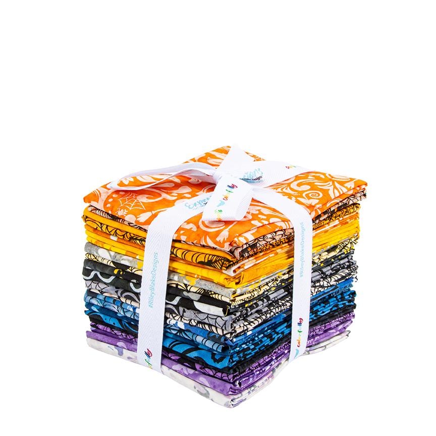 The Whispering Hollows collection features fun Halloween images, with colors invoking midnight skies, as well as favorite seasonal hues. The Batiks Collections by Riley Blake are produced in state-of-the-art facilities with the best Tjap designers and makers, color experts, and stamp prodigies. Due to the hand-crafted nature of batiks, fabric may vary from image.
This Fat Quarter precut bundle includes 22 pieces.
