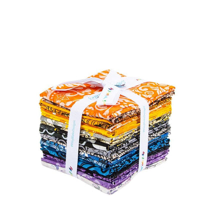 The Whispering Hollows collection features fun Halloween images, with colors invoking midnight skies, as well as favorite seasonal hues. The Batiks Collections by Riley Blake are produced in state-of-the-art facilities with the best Tjap designers and makers, color experts, and stamp prodigies. Due to the hand-crafted nature of batiks, fabric may vary from image.
This Fat Quarter precut bundle includes 22 pieces.
