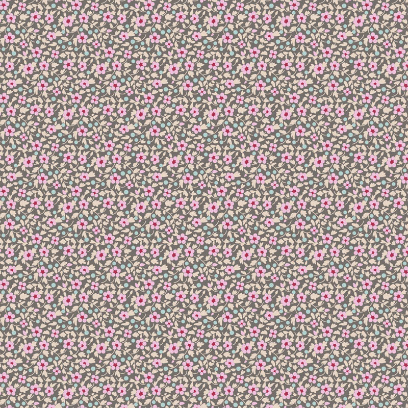 Pattern Grey from the  beloved Brie Basics collection by Tilda Fabrics the line features a delightful, small-scale micro-floral print with a distinctive Scandinavian and vintage aesthetic. Originating from Tilda's Creating Memories and Something Blue seasonal ranges, collection is 16 delicate, solid-like blenders. The collection features the identical ditsy floral pattern in 16 colorways, with the main design being tiny, sketched floral blooms scattered across various background colors.