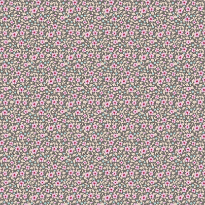 Pattern Grey from the  beloved Brie Basics collection by Tilda Fabrics the line features a delightful, small-scale micro-floral print with a distinctive Scandinavian and vintage aesthetic. Originating from Tilda's Creating Memories and Something Blue seasonal ranges, collection is 16 delicate, solid-like blenders. The collection features the identical ditsy floral pattern in 16 colorways, with the main design being tiny, sketched floral blooms scattered across various background colors.