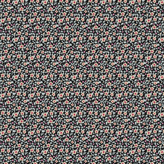 Pattern Charcoal from the  beloved Brie Basics collection by Tilda Fabrics the line features a delightful, small-scale micro-floral print with a distinctive Scandinavian and vintage aesthetic. Originating from Tilda's Creating Memories and Something Blue seasonal ranges, collection is 16 delicate, solid-like blenders. The collection features the identical ditsy floral pattern in 16 colorways, with the main design being tiny, sketched floral blooms scattered across various background colors.
