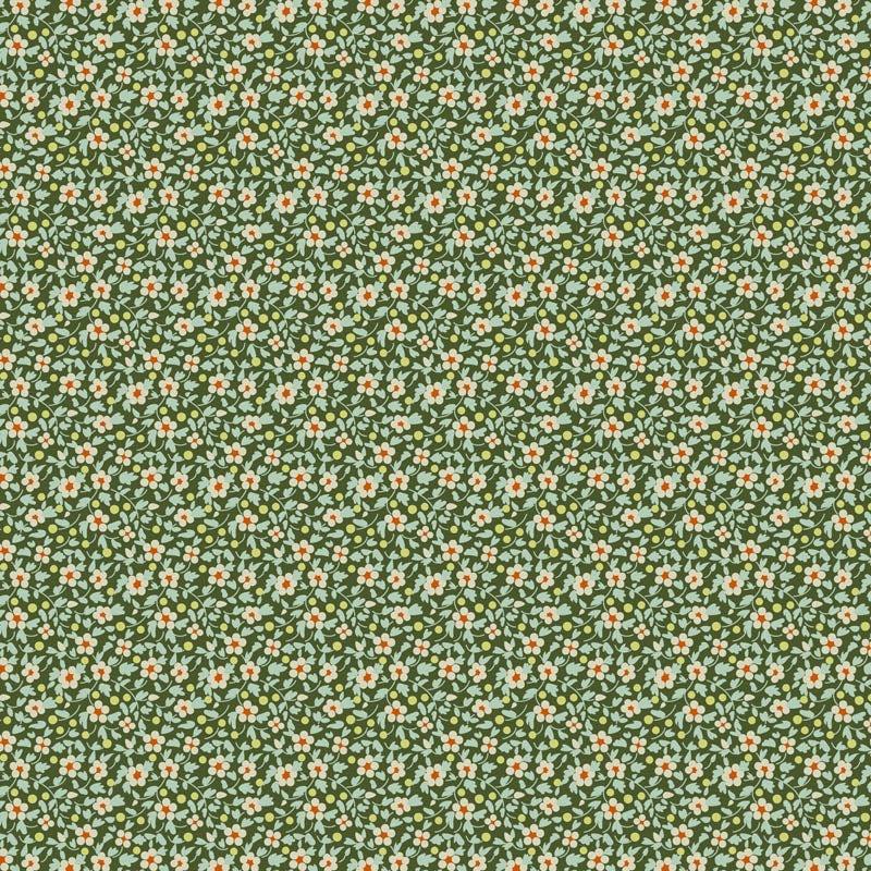 Pattern Pine from the  beloved Brie Basics collection by Tilda Fabrics the line features a delightful, small-scale micro-floral print with a distinctive Scandinavian and vintage aesthetic. Originating from Tilda's Creating Memories and Something Blue seasonal ranges, collection is 16 delicate, solid-like blenders. The collection features the identical ditsy floral pattern in 16 colorways, with the main design being tiny, sketched floral blooms scattered across various background colors.