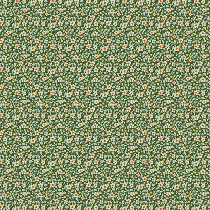 Pattern Pine from the  beloved Brie Basics collection by Tilda Fabrics the line features a delightful, small-scale micro-floral print with a distinctive Scandinavian and vintage aesthetic. Originating from Tilda's Creating Memories and Something Blue seasonal ranges, collection is 16 delicate, solid-like blenders. The collection features the identical ditsy floral pattern in 16 colorways, with the main design being tiny, sketched floral blooms scattered across various background colors.