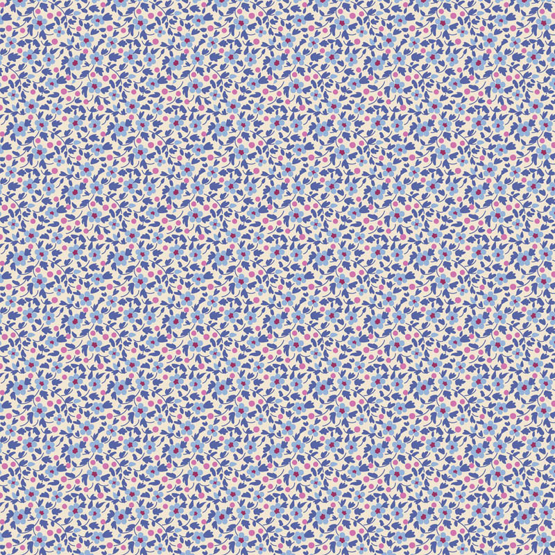 Pattern Iris from the  beloved Brie Basics collection by Tilda Fabrics the line features a delightful, small-scale micro-floral print with a distinctive Scandinavian and vintage aesthetic. Originating from Tilda's Creating Memories and Something Blue seasonal ranges, collection is 16 delicate, solid-like blenders. The collection features the identical ditsy floral pattern in 16 colorways, with the main design being tiny, sketched floral blooms scattered across various background colors.